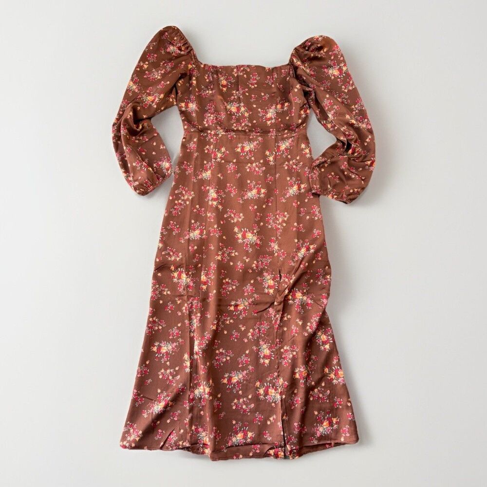 Vici Brown Floral Satin Dress Size M Balloon Sleeve Hippie Boho Glam